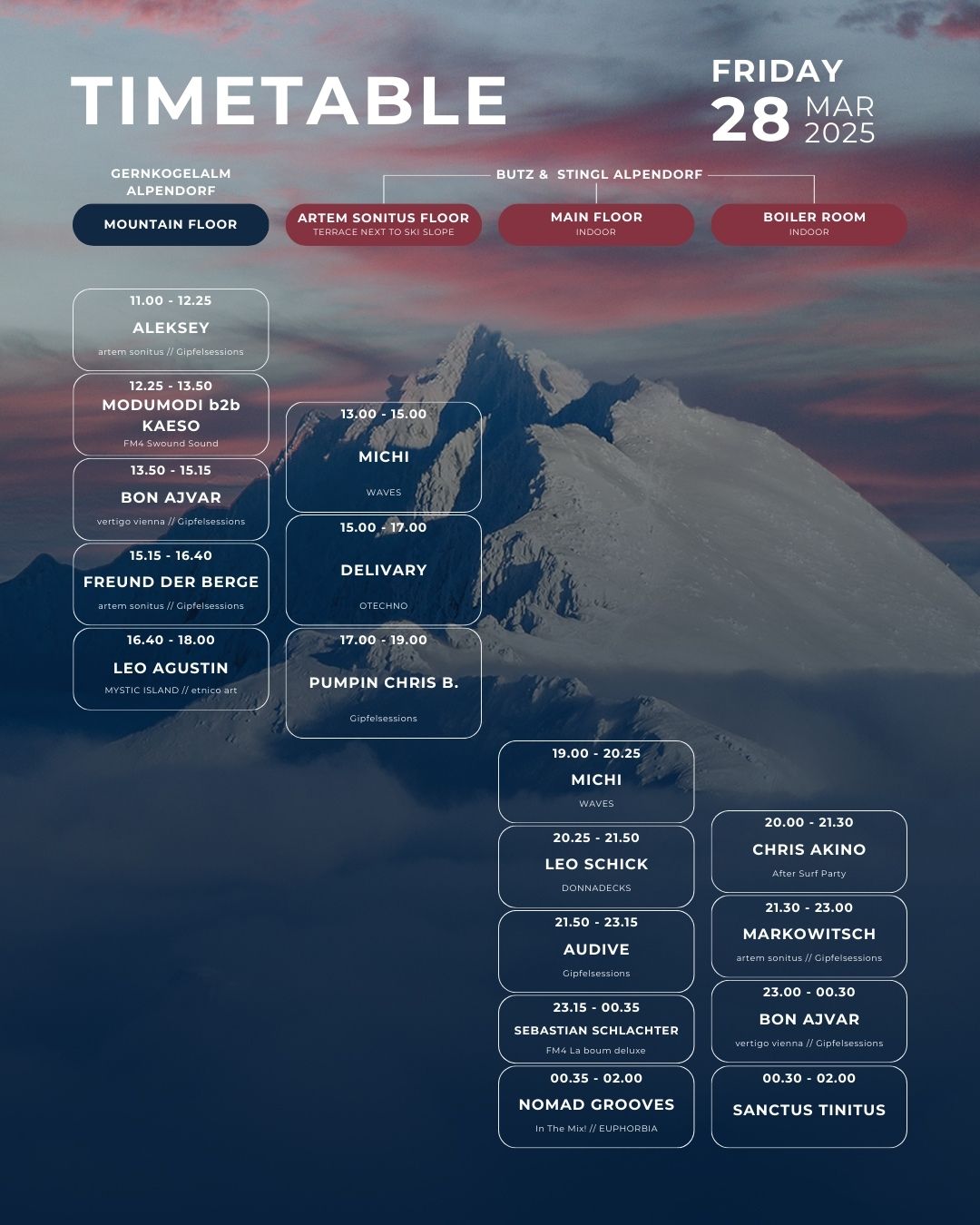 Timetable Gipfelsessions Festival Alpendorf Friday, 28.03.2025